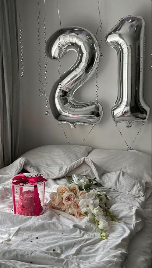 21 Balloon Number, Silver Number 21st Birthday Balloons 40 Inch, 21 or 12 Years Old Silver Birthday Decorations for Men Women Him Her, 21st Anniversary Decorations
