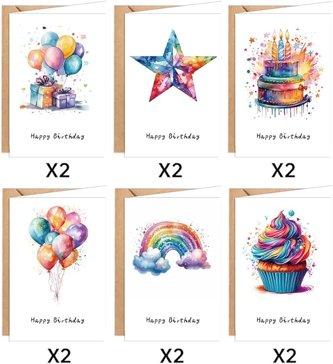 Birthday Cards Pack of 12,Bulk for Women Men Kids Assorted Birthday Greeting Cards for Kids Assortment, 12 Card with Envelopes (Cartoon balloon)