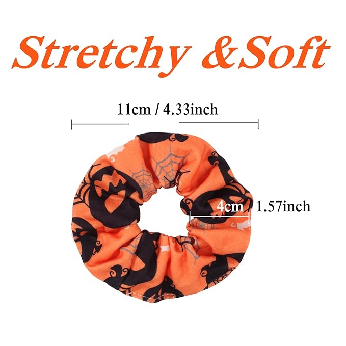 Halloween Hair Scrunchies Spooky Orange Pumpkin Scrunchies Skull Ghosts Bat Spider Web Skeleton Hair Ties for Women Girls Elastics Hair Tie Halloween Gifts Hair Accessories