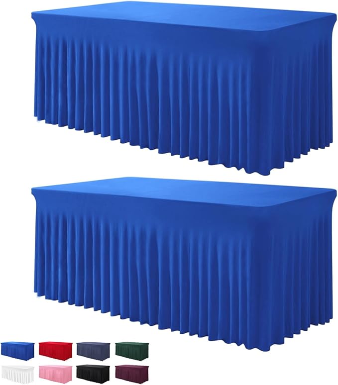 Table Skirts for Rectangle Tables 6ft - 2 Pack One-Piece Royal Blue Tablecloths and Skirt, Wrinkle Resistant Ruffles Elastic Cover for Banquets, Weddings, Events, Parties