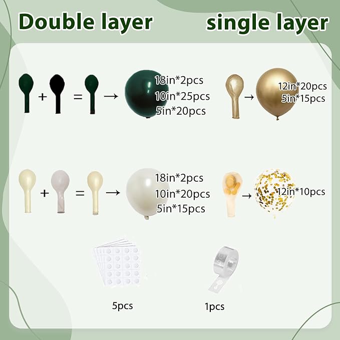 Emerald Green and Gold Balloons Arch Kit, Double Stuffed Dark Hunter Forest Green Pearl Sand White Metallic Gold Balloons for Jungle Wedding Birthday Graduation Party St. Patrick's Day Decorations