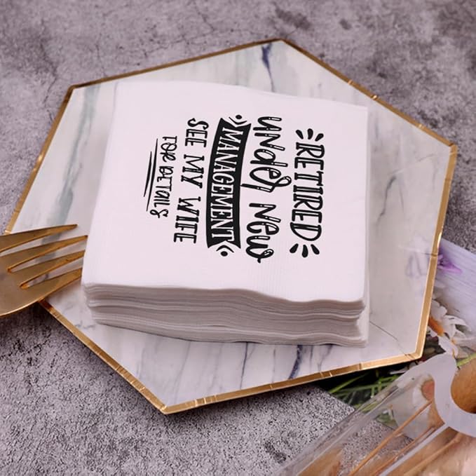 Retirement Cocktail Napkins Party Napkins Beverage Napkins Bar Napkins Disposable Paper Novelty Humorous Gag Gift 100Pcs 4.5 x 4.5 16-ply (Retired Under New Management See My Wife For Details)