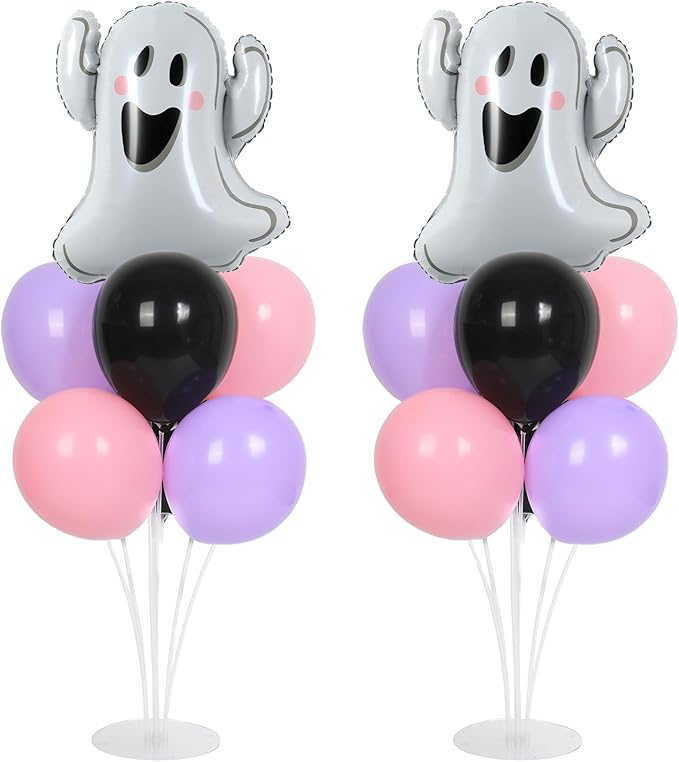 Halloween Ghost Party Balloons Stand Kit 2 Sets with 2 White Ghost Foil Balloons Pink Black and Purple Balloon Centerpiece for Tables for Baby Shower Horror Birthday Party Decorations