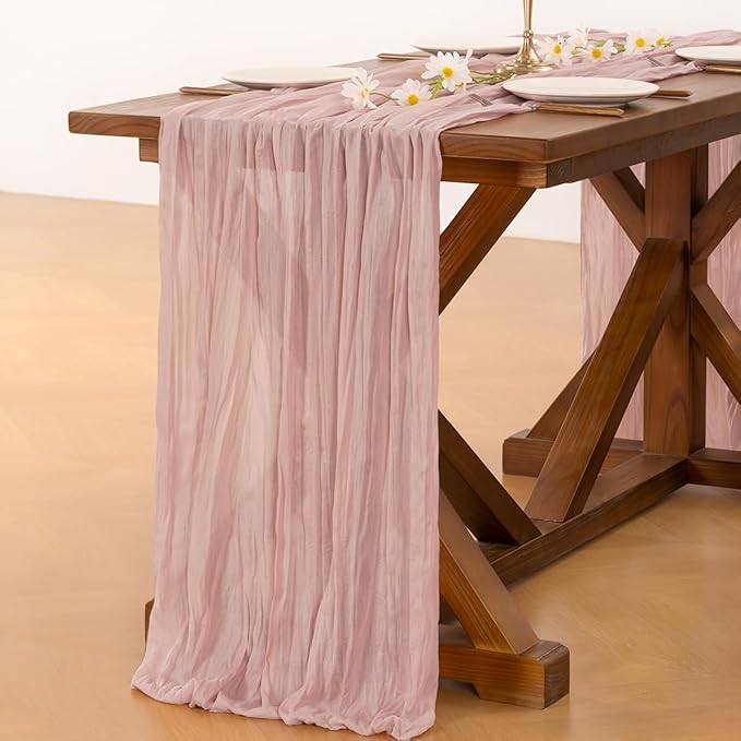 Socomi Pink Cheesecloth Table Runner Easter Spring Boho Rustic Gauze Dusty Pink Farmhouse 120 inch 10FT Cheese Cloth Runner for Wedding Party Baby Shower Birthday Home Decor Holiday Decorations