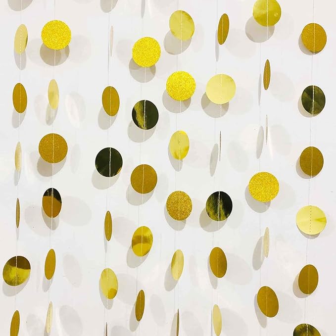We Moment 50ft Glitter Gold Circle Dots Garlands - Paper Circle Dot Garland Party Backdrop - Hanging Decor for Wedding, Birthday, Baby Shower