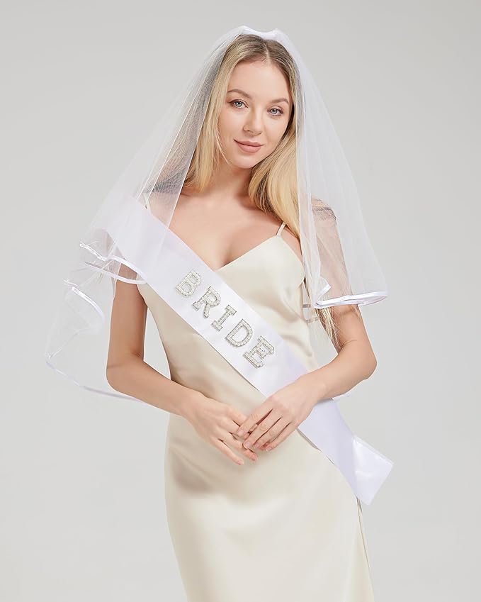 Bride To Be Sash and Bride Veil White for Bachelorette Party, Bach Party Favors Accessory, Bridal Vei and Sash Set