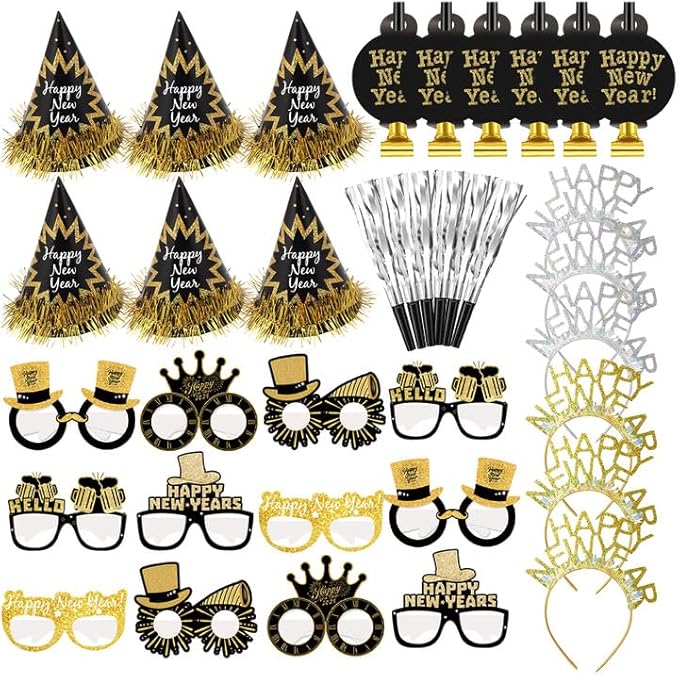 2026 New Year's Eve Party Supplies,36 Pcs Happy New Year Party Supplies Kit,Including 6 Hats, 6 Headband Tiara,12 Glasses,12 Noise Makers(Serve 12)