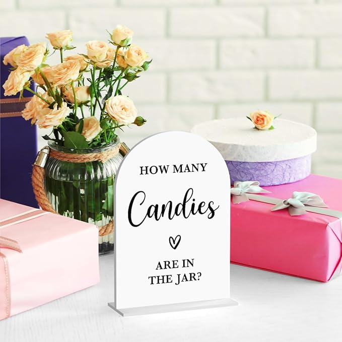 Baby in Bloom Shower Decorations, Baby Shower Sign, Newborn Gifts, Candies Game Signs, Modern Calligraphy Arched Acrylic Table Top Signs With Stand for Birthday Party Decorations (White)