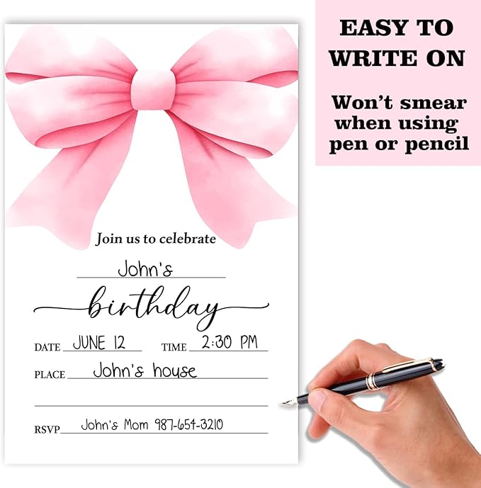 Pink Bow Birthday Invitation Cards For Girls Adult Teens, Birthday Party Supplies Favors, 20 Fill-In Invitation Cards with Envelopes -03
