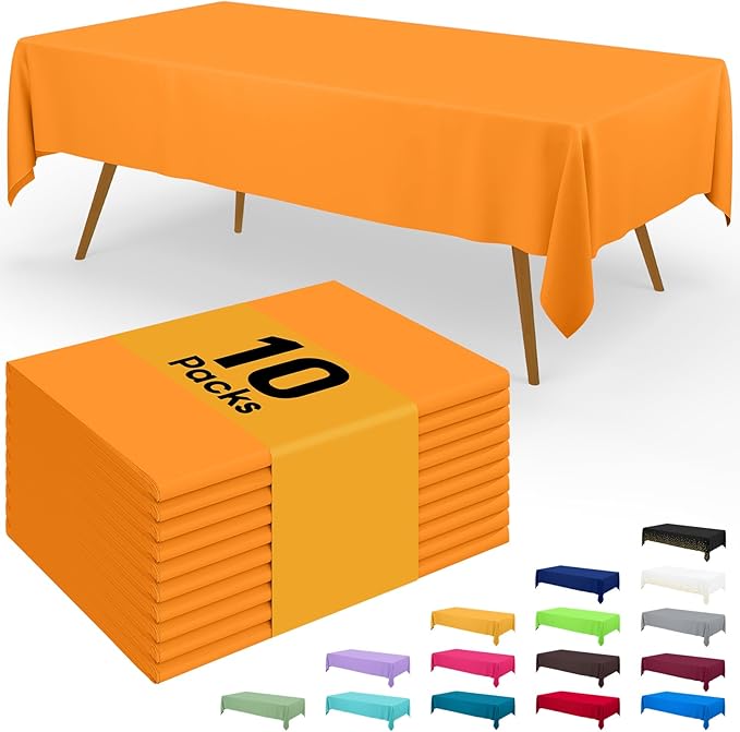 Smiry Disposable Table Cloth - 10 Pack, 54 x 108 Inch Waterproof Rectangle Tablecloths for Parties, Decorative Plastic Table Cover, Leakproof & Sturdy, Orange