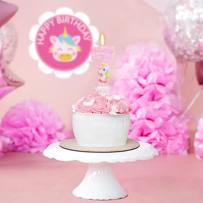 Birthday Candles - Number 7 Candle, 7th Birthday Decorations for Girl, Pink Unicorn Candles for Cake Topper, Cartoon Theme Party Supplies