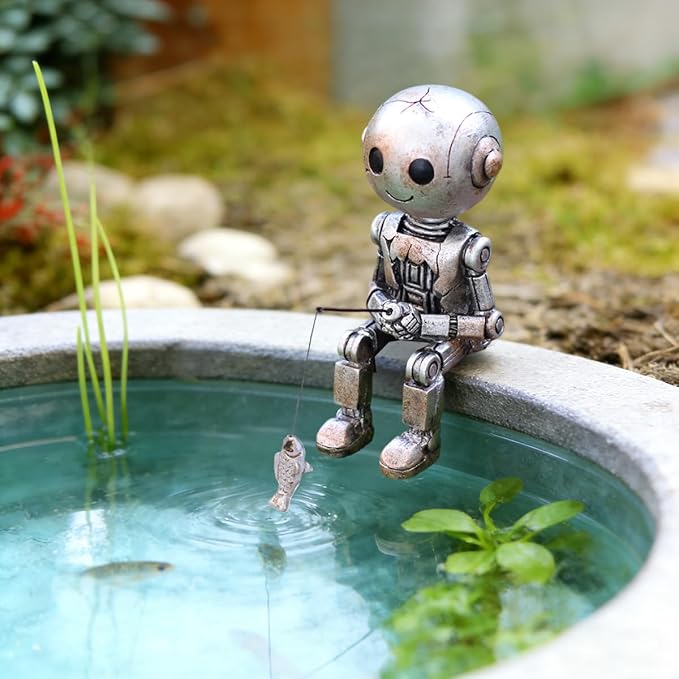 Fishing Robot Statue Funny Halloween Decorations, 4.33 Inch Cute Sitting Figurine Shelf Sitter Resin Sculpture for Outdoor Garden Yard Lawn Pond Waterfalls Pool Ornaments