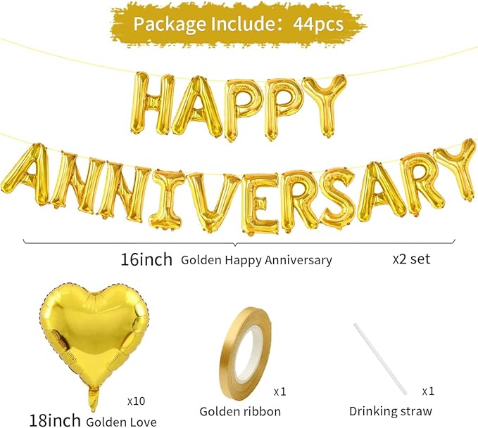 2 Set 16Inch Happy Anniversary Balloons Letters Banner, Happy Anniversary Decorations, Happy Anniversary Balloons Sign for Valentines Day/Wedding Anniversary Party Decorations (Gold Happy Anniversary)