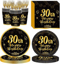 120Pcs 30th Birthday Party Supplies Plates Napkins Cups Forks Tableware Set Gold Black Happy 30th Birthday Themed Disposable Tableware Decoration Serves 24 Guests for Men Women 30 Years Old