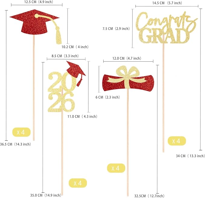 Gexolenu 16 PCS Gold and Red Double-Sided 2026 Graduation Centerpieces for Tables, 2026 Table Toppers Party Centerpiece Sticks Party Supplies, Graduation Party Decorations Class of 2026, Set of 4