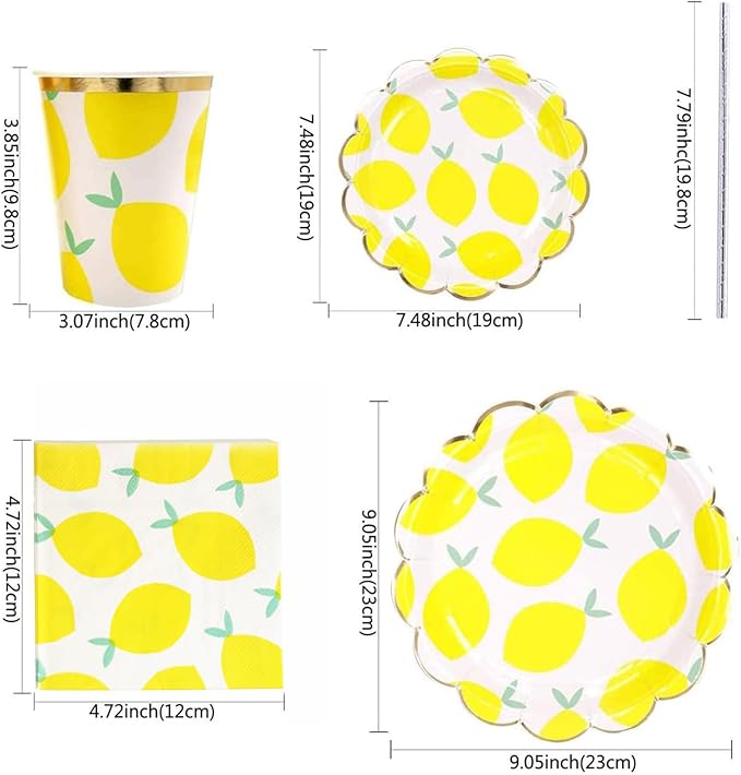 MaitianGuyou Lemon Party Decorations Disposable Dinnerware Set, Include Yellow Paper Plates, Cups, Straws and Napkins,Fruits Tableware Set for Lemonade Themed Birthday Decorations