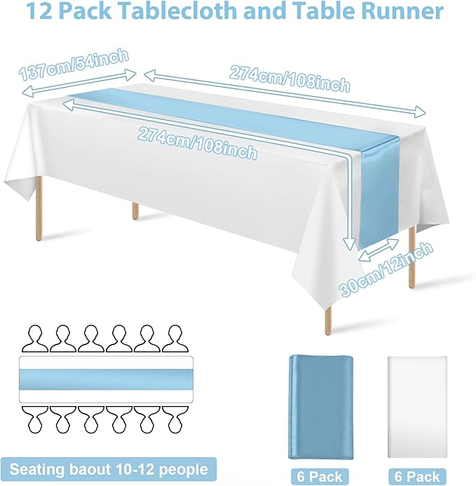12Pack 12x108 Inch Satin Table Runner and 54x108Inch Plastic Tablecloths White Light Blue Disposable Rectangle Table Cover for Graduation Wedding Bridal Shower Anniversary Birthday Party Decorations