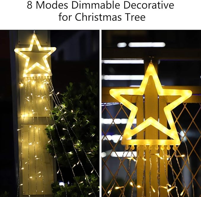 PUHONG Christmas Decoration, Outdoor Star String Lights, Christmas Tree Toppers Lights 320 LED 8 Modes with 12" Lighted Star for Halloween Christmas New Year Holiday Birthday Decor (Warm White)