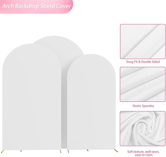 Wokceer Wedding Arch Cover (8FT, 7.2FT, 6.6FT) Set of 3 Spandex Fitted Wedding Arch Stand Covers Round Top Chiara Arch Backdrop Stands Cover for Birthday Party Ceremony Banquet Decor White