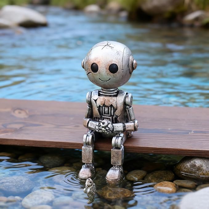 Fishing Robot Statue Funny Halloween Decorations, 4.33 Inch Cute Sitting Figurine Shelf Sitter Resin Sculpture for Outdoor Garden Yard Lawn Pond Waterfalls Pool Ornaments