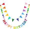 Pre-Strung 3D Happy Birthday Banner - Felt Ball Garland Happy Birthday Banner, Multicolor Rainbow Triangle Flags Reusable Party Decorations