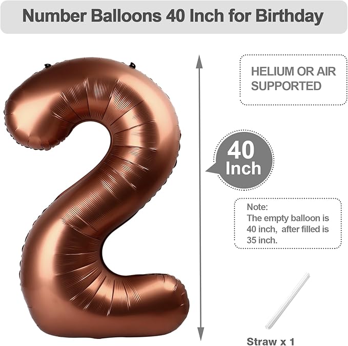 Coffee Brown 2 Balloon, 40 Inch Birthday Balloon for Birthday Party Decoration, Foil Number Ballon for 2, 12, 20, 22, 2026 Celebration, Graduation, Birthdays, Baby Shower, Anniversary Decor