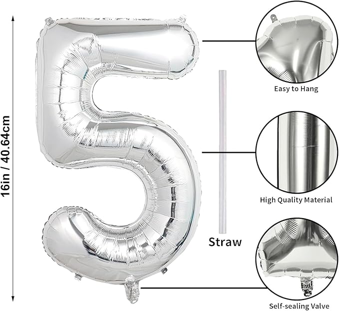 16 In Silver Large Numbers Balloons 0-9, Self Inflating Number 5 Balloons for Boys Girls, Big Silver Digit 5 Balloons for Women Men Birthday Party Anniversary Wedding Supplies Decorations
