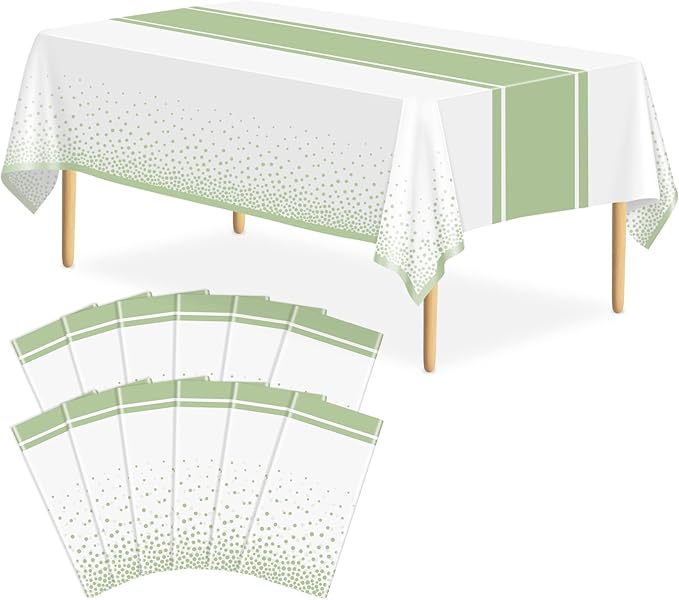 12 Pack White and Sage Green Tablecloth Party Decorations Plastic White Tablecloth Printed Sage Green Table Runner 54 x108 Inch Disposable Rectangle Table Cover for Birthday Graduation