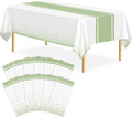 12 Pack White and Sage Green Tablecloth Party Decorations Plastic White Tablecloth Printed Sage Green Table Runner 54 x108 Inch Disposable Rectangle Table Cover for Birthday Graduation
