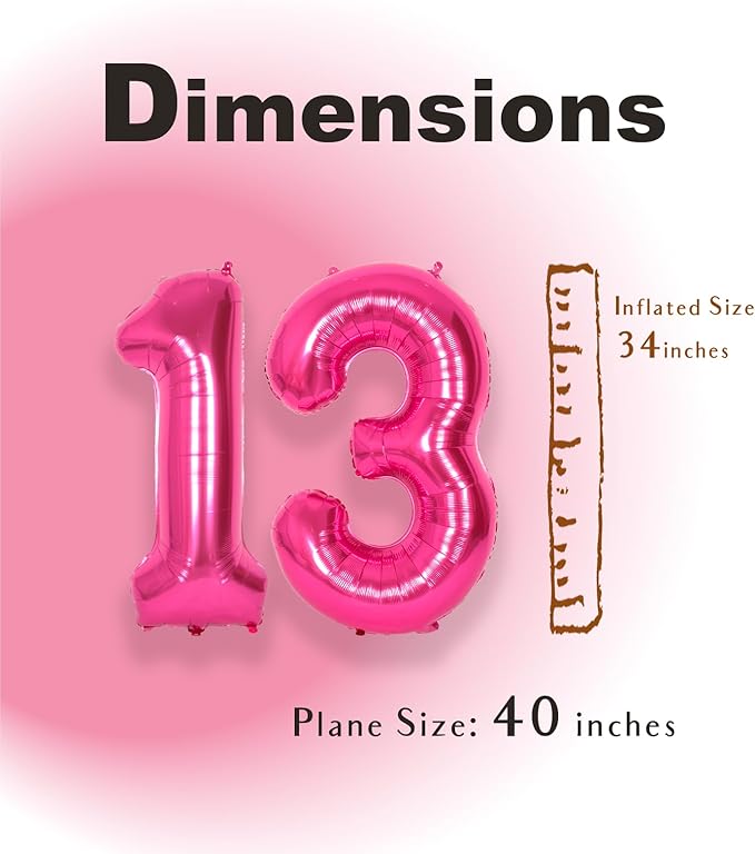 SUWEN 40 Inch Hot Pink Large 13 Number Balloons Big Foil Helium Number Balloons 0-9 Jumbo Happy 13th Mylar Birthday Party Decorations for Girl or Women 31 Anniversary Party Supplies
