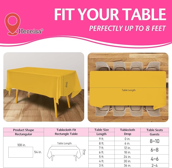 Disposable Plastic Tablecloth Yellow 54x108 Inch, 5-Pack Waterproof Rectangular Table Cover for Parties, Picnics, Dining Protection