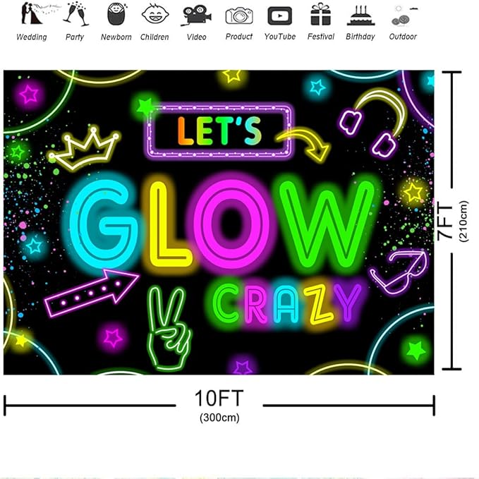 Neon Glow Party Decorations Supplies Backdrop 10x7ft Glow in The Dark Let’s Glow Banner Photography Background Birthday Sleppover Graffiti Splash Paint Black Light Kids Photo Booth