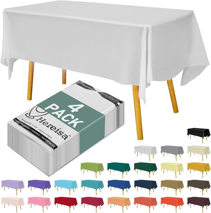 Disposable Plastic Tablecloth 54x108 Inch Rectangle - White, 4 Pack Waterproof & Tear-Resistant Party Table Cover for Dining, Picnic, Crafts, Holiday Decor
