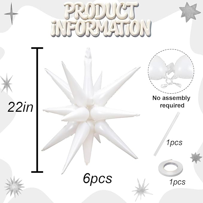 6PCS White Star Balloons, 22Inch Huge White Explosion Star Balloons Spike Cone Foil Balloon for Wedding Engegament Baptism Baby Shower Bridal Shower Birthday Party Supplies