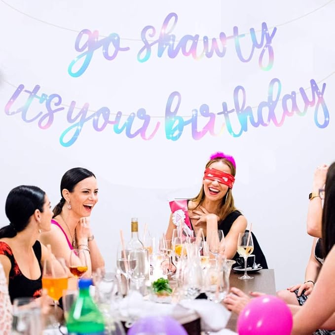 BEISHIDA Iridescent Go Shawty It's Your Birthday Banner - NO DIY - Hip Hop Theme Glitter Happy Birthday Banner - Pre-Strung - Black Rap Theme Happy Birthday Sign for Man Women birthday Party Supply