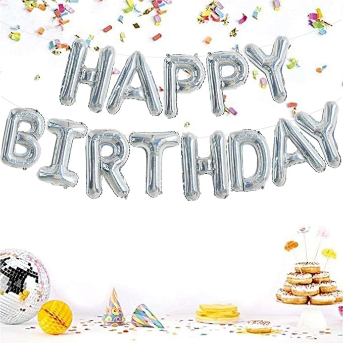 TONIFUL Laser Silver Happy Birthday Balloon Banner 16 Inch Mylar Foil Letters Birthday Sign Bunting Reusable for Girls Boys Kids & Adults Birthday Decorations and Party Supplies
