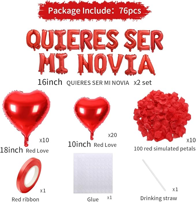 2 Set 16 Inch QUIERES SER MI NOVIA Balloons, Red Will You Be My Girlfriend Letter Balloons Spanish with 200pcs Artificial Rose Petals for Valentines Anniversary Day Banner Decorations