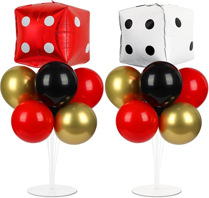 Casino Party Balloons Stand Kit 2 Sets with 2 Dice Foil Balloons Casino Night Theme Party Balloon Centerpiece for Tables for Poker Las Vegas Game Night Birthday Party Decorations