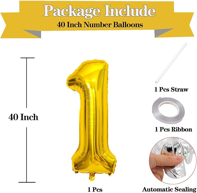 40 Inch Large Gold Number 1 Letter Balloon, Alphabet Letter Mylar Foil Helium Big Number Balloons for Birthday Anniversary Party Graduations Festival Decorations