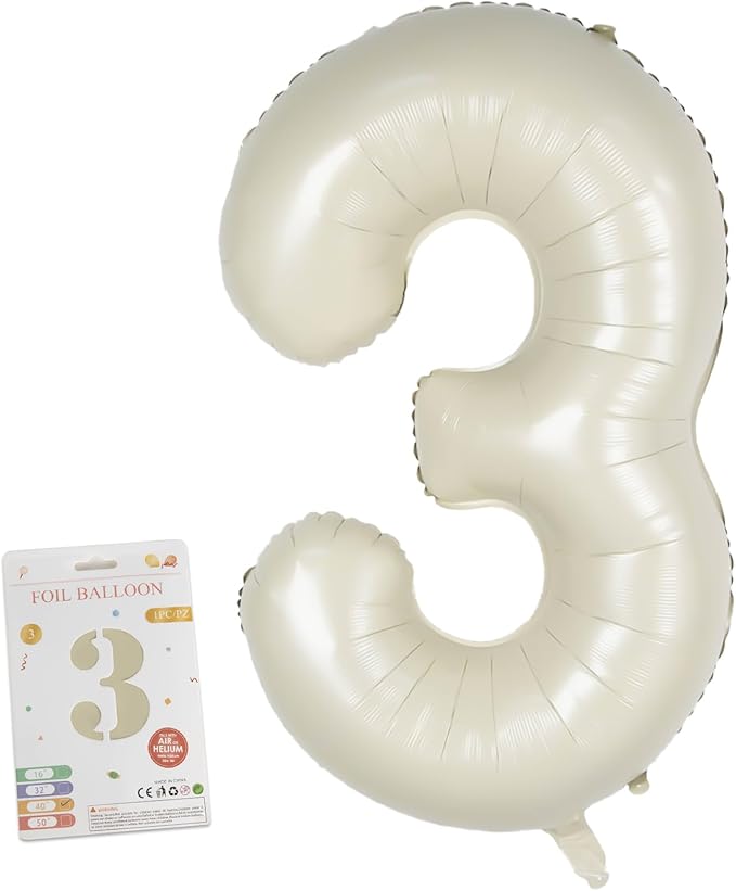 40in Birthday Big Number Balloon - CARGEN Giant Foil Balloons for Women Men Birthday Party Wedding Anniversary Supplies Decorations, Creamy White Three, No.3