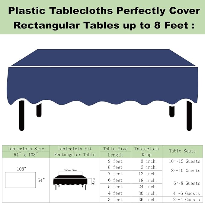 Plastic Navy Blue Tablecloths 3 Pack Disposable Table Covers 54" x 108" Deep Blue Table Cloths PEVA Party Tablecovers for Parties Picnic Birthday Wedding Banquet, Fits 6 to 8 Foot Rectangle Tables