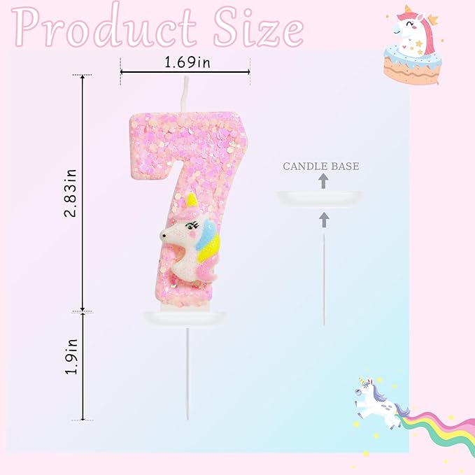 Birthday Candles - Number 7 Candle, 7th Birthday Decorations for Girl, Pink Unicorn Candles for Cake Topper, Cartoon Theme Party Supplies