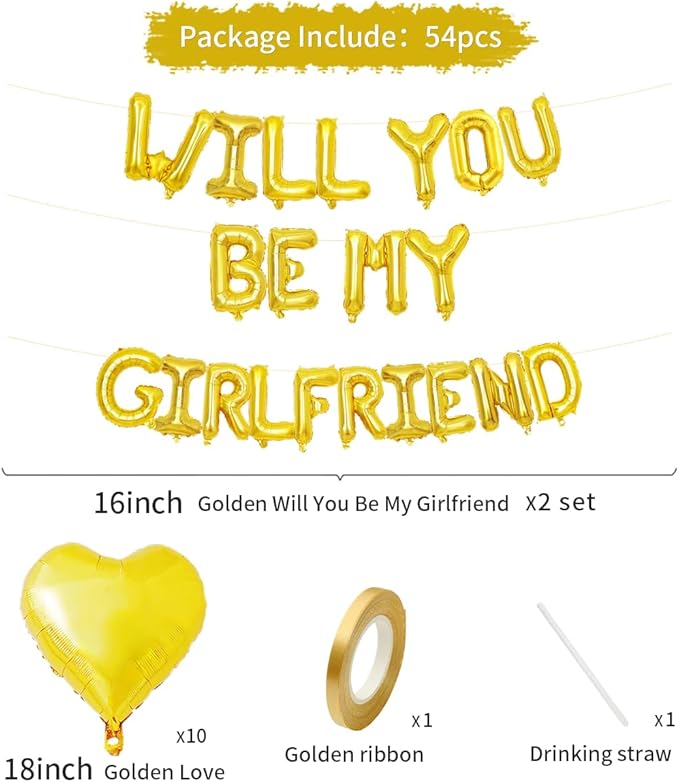 2 Set 16 Inch Will You Be My Girlfriend Balloons Banner, Gold Proposal Letter Balloons with 6 Heart Shaped Balloons for Romantic Decorations, Engagements, Anniversaries, Valentines Day Decor