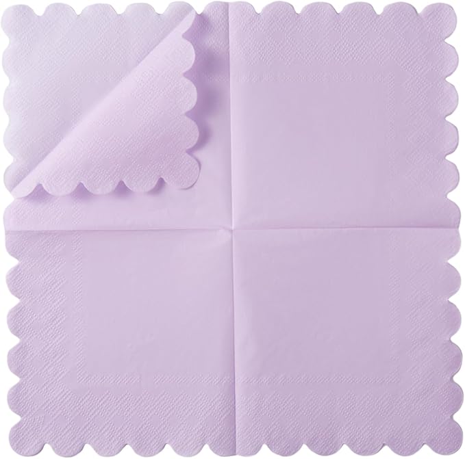 100 Pack Cocktail Napkin 2-Ply Scalloped Edged Dessert Napkins Folded 5 x 5 Inches Disposable Napkins for Dinner Wedding Birthday Party Bridal Anniversary Reception Event (Purple)