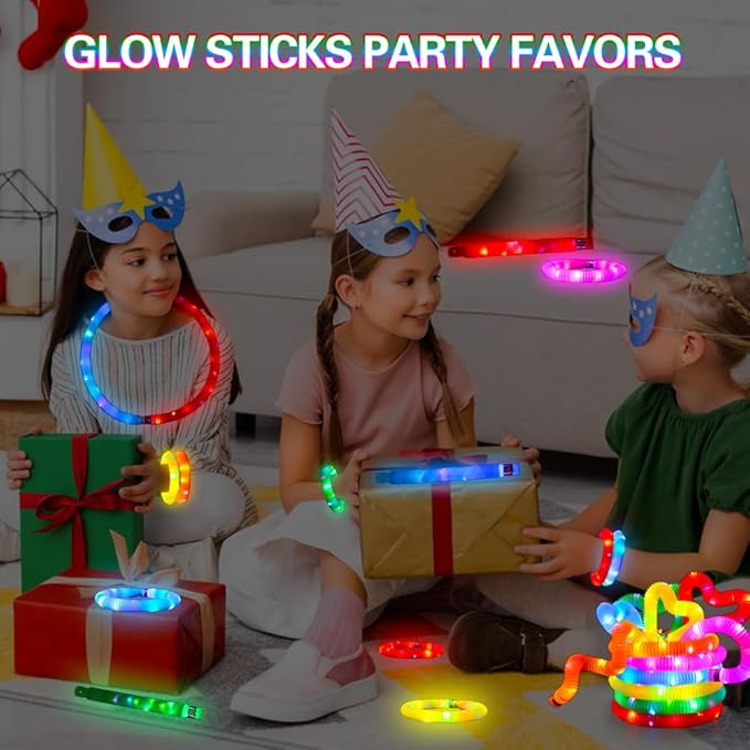 24 Pcs Glow Sticks Toys for Kids, LED Light Up Pop Tubes/Bracelet Party Favors for Kids,Glow in The Dark Party Supplies, Birthday Gifts Xmas Stocking Goodie Bags Stuffers Boys Girls