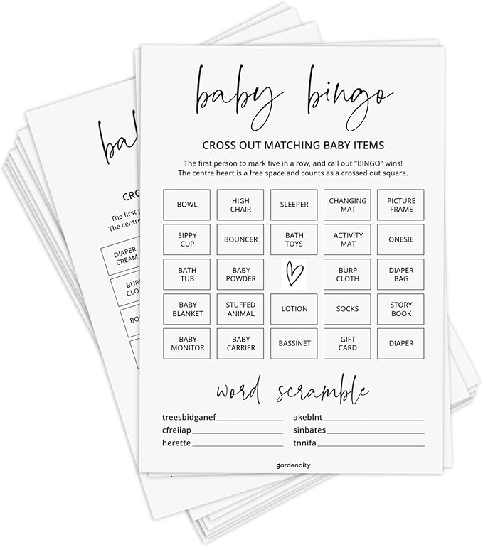 Baby Shower Bingo Game (50 Unique Cards), Pre-Filled, Baby Shower Games, Added Word Scramble - Minimalist