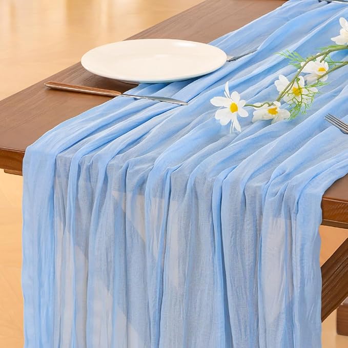Socomi 6pcs Blue Easter Spring Cheesecloth Table Runner Boho Rustic Gauze 120 inch 10FT Cheese Cloth Runner for Wedding Party Baby Shower Birthday Home Decor Holiday Decorations