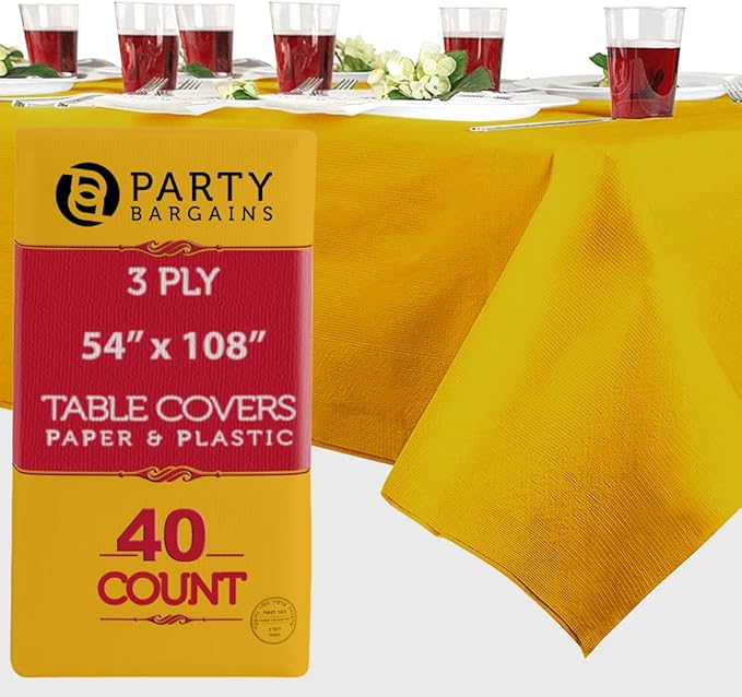 PARTY BARGAINS Disposable Table Covers, 54 x 108 Inch, Yellow, 3-Ply Paper & Plastic Spill-Resistant Party Tablecloths, 40 Pack