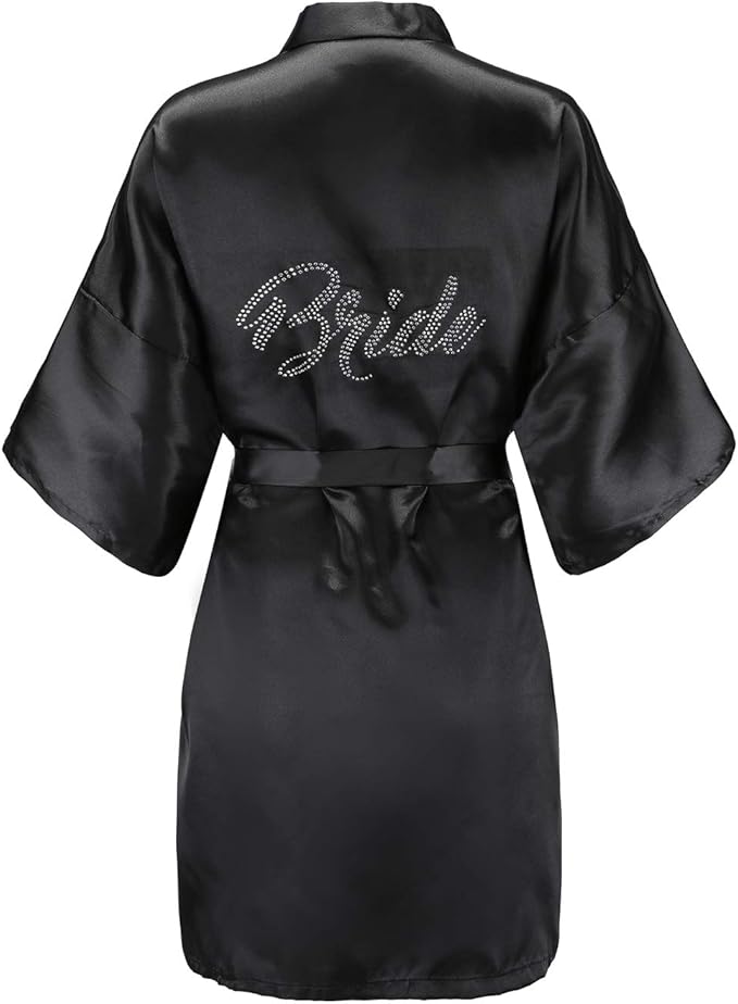 EPLAZA Women's One Size Silver Rhinestones Bride Bridesmaid Short Satin Robes for Wedding Party Getting Ready