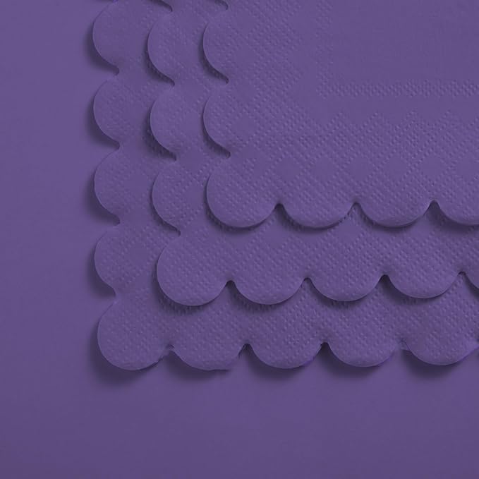 100 Pack Cocktail Napkin 2-Ply Scalloped Edged Dessert Napkins Folded 5 x 5 Inches Disposable Napkins for Dinner Wedding Birthday Party Bridal Anniversary Reception Event (Dark Purple)